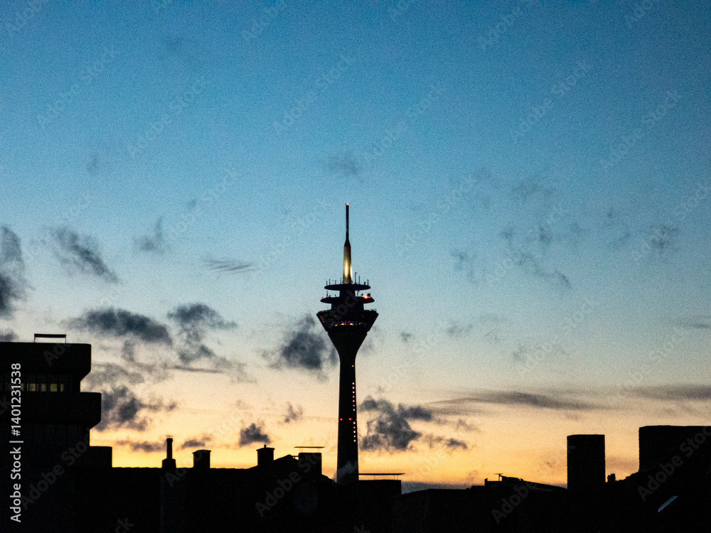 City panorama and TV tower on sunset, Dusseldorf