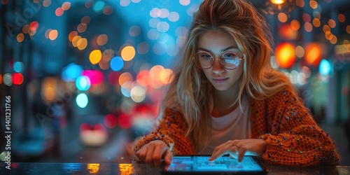 A Woman Pointing at a Digital Tablet Screen in a Nighttime Office Setting, Surrounded by Blurred Lights and Flares, Capturing the Essence of Modern Work and Technology photo