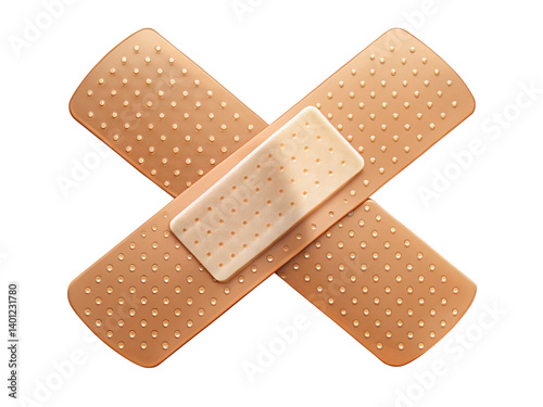Medical adhesive bandages, Cross-shaped arrangement, Beige and tan colors, Textured surface, Perforated design, First aid supplies, 