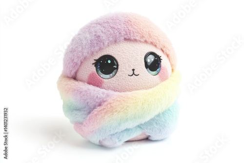Adorable rainbow plush toy, wrapped in fluffy pastel fur, with large expressive eyes.