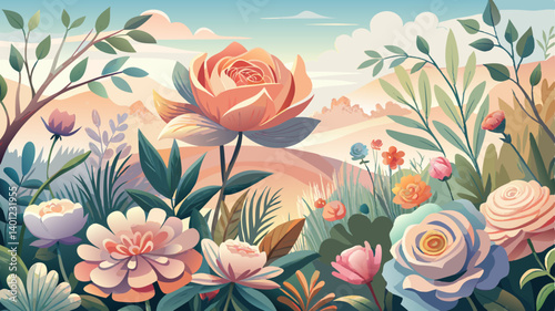 A gentle blend of watercolor flowers in soft hues evokes a peaceful ambiance, reminiscent of a calm morning in a lush garden.