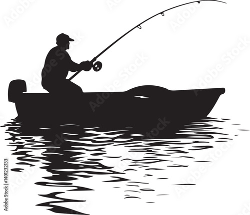 Fisherman Catching Big Fish on Boat - Vector Silhouette Illustration