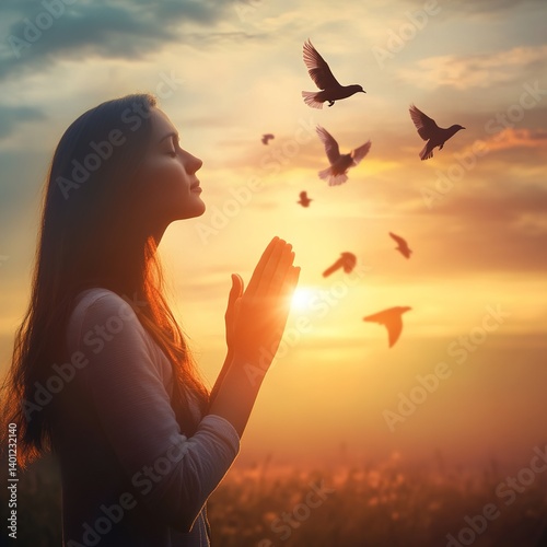A Woman Praying as Birds Soar into the Sunset, Symbolizing Freedom, Hope, and Renewal, Capturing the Powerful Essence of Faith and the Beauty of Nature photo