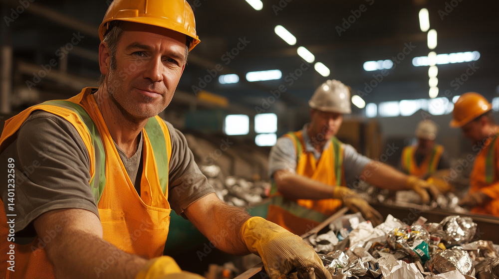 Recycling plant interior, employees separating trash for processing