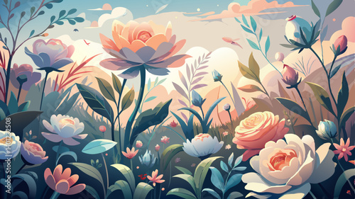 A gentle blend of watercolor flowers in soft hues evokes a peaceful ambiance, reminiscent of a calm morning in a lush garden.
