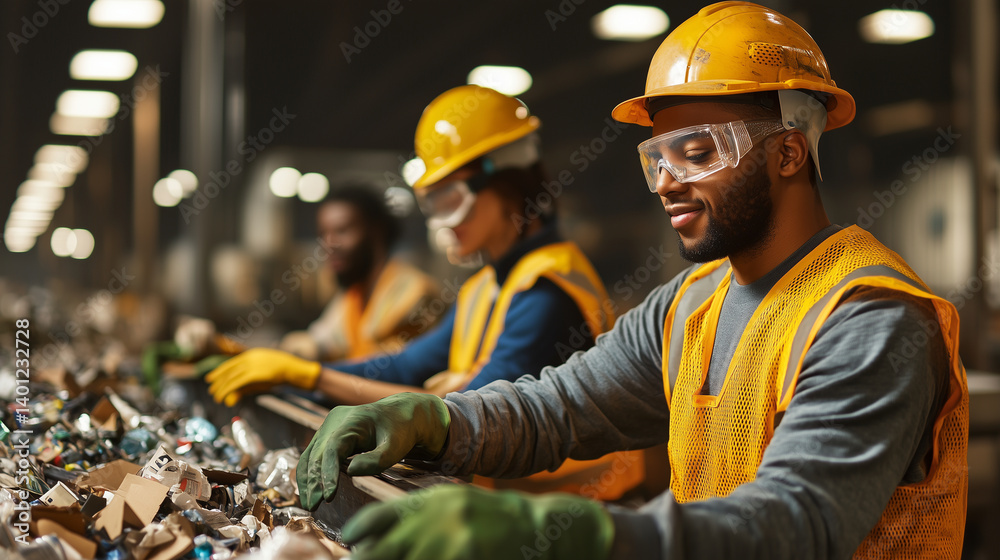 Recycling plant interior, employees separating trash for processing