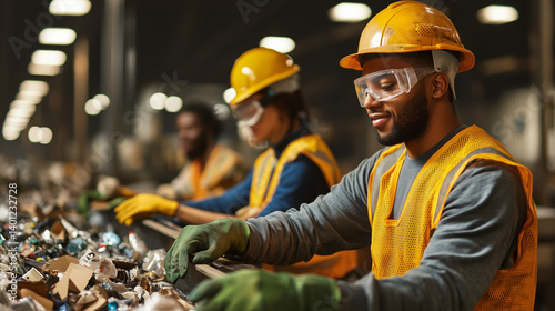 Obraz na płótnie Recycling plant interior, employees separating trash for processing w salonie