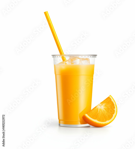 A glass of orange juice with a straw and half an orange, isolated on a white background, in jpg format.