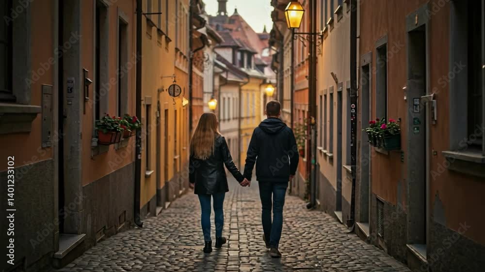 Couple holding hands walks away down a charming narrow cobblestone alley in an old european town at dusk, signifying romance, exploration, and intimate european travel experiences Couple holding hands walks away down a charming narrow cobblestone alley in an old european town at dusk, signifying romance, exploration, and intimate european travel experiences