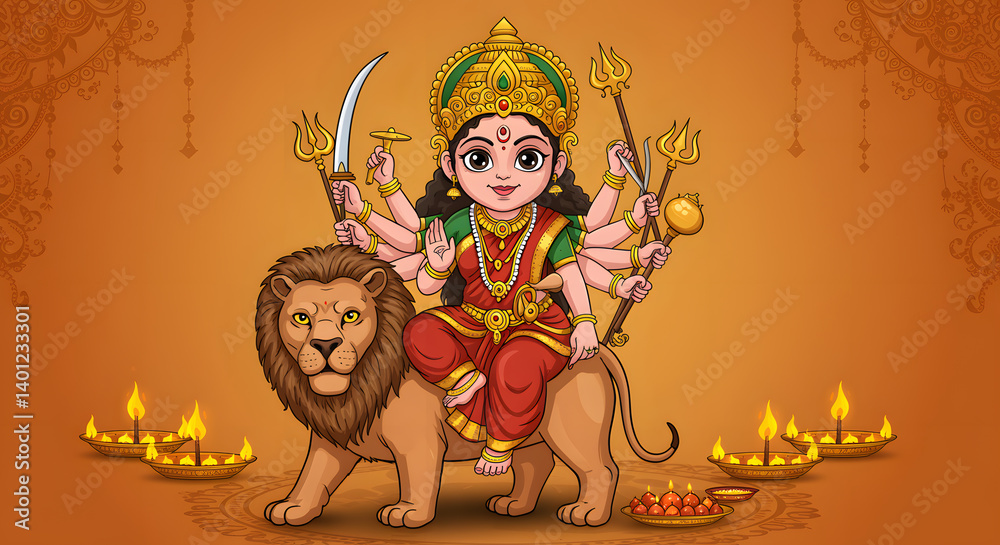 Naklejka premium Durga Puja: Goddess Durga Riding a Lion