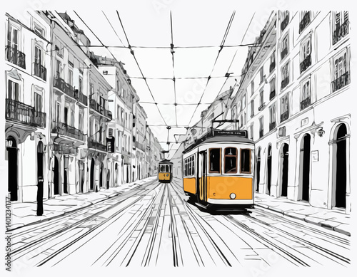 Dessin vectoriel d’un vieux tramway de Lisbonne