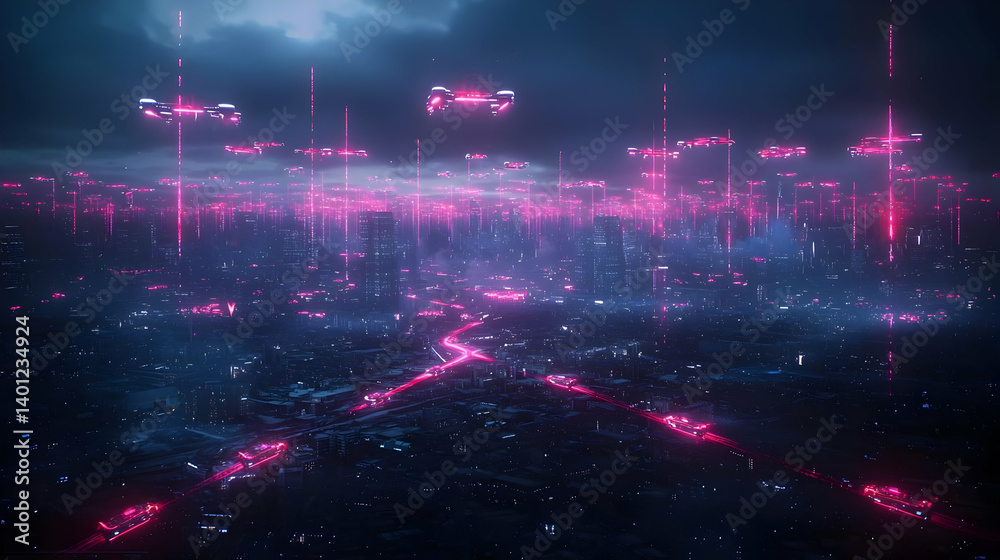 Obraz premium Neon Pink Futuristic Night Cityscape Aerial View