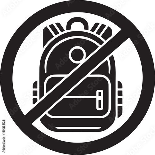 A black and white graphic shows a backpack with a diagonal line through it, inside a circle, indicating prohibition. This icon is perfect for informational signage and design projects.
