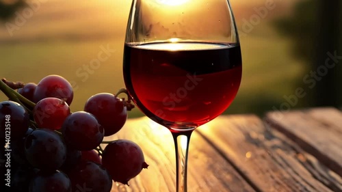 Elegant glass of red wine with grapes on a wooden table during sunset creating rustic mood photo
