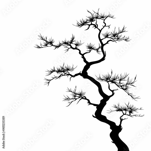 Nature Silhouette Art: Black Bonsai Tree and Branches in Abstract Zen Garden Design