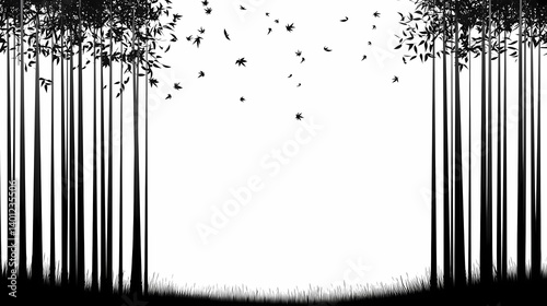 Tranquil Forest Silhouette with Flying Birds in Black and White – Minimalistic Nature Scene Wallpaper