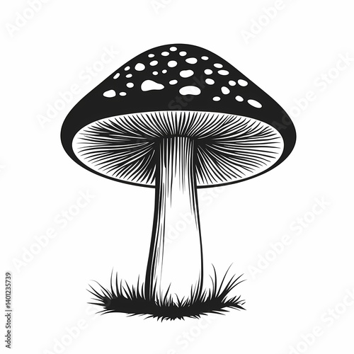 Black and White Mushroom Illustration: Nature Design with Edible and Toxic Flora