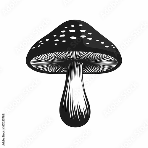 Black and White Mushroom Illustration: Vector Art in Nature with Edible Fungi and Spores
