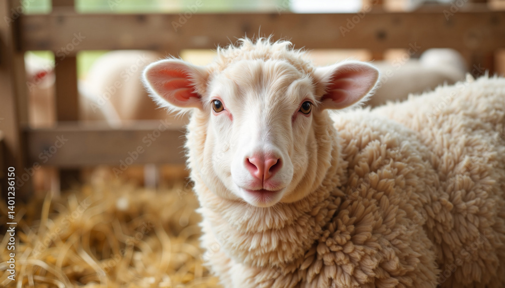 Fototapeta premium Fluffy Sheep with Curly Wool in Farm Setting for Agriculture Blogs, Animal Awareness Websites, Sustainable Farming Articles, and Nature Photography Content