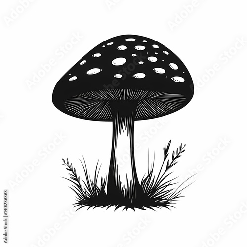 Black and White Illustration of Spotted Mushrooms: Artistic Fungus with Botanical Detail and Psychedelic Elegance