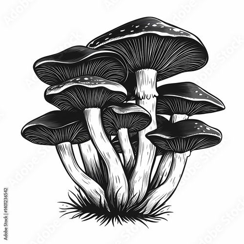 Mushroom Illustration: Black and White Graphic Design for Organic Nature Lovers - Artistic Botanical Fine Art for Wall Decor
