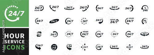 24 7 icon set. The 24 hour service is open 24 hours a day, 7 days a week. Simple illustration set of 24-7 elements, can be used in logo, ui and web design. 24-7 service concept. Vector illustration.