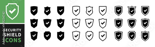 Security shield icons set, security screens logos with checkbox and lock. Shield signs collection. Security shield symbols. Vector illustration.