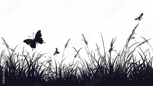 Black Butterfly Silhouette in Grass: Nature-Inspired Outdoor Vector Art