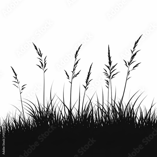 Minimalist Black and White Silhouette of Grassy Blades on Windy Scenic Horizon with Elegant Textured Contrast