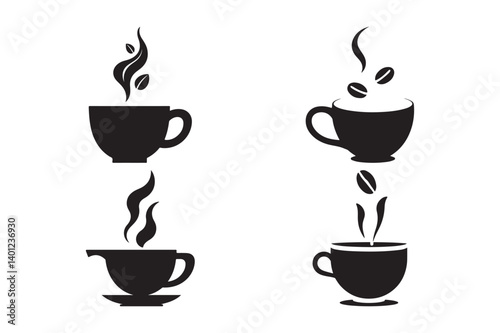 Coffee Cup Silhouette Vector Set Hot Drink and Bean Icons