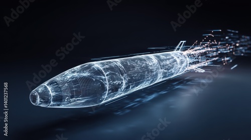3D wireframe missile model, digital technology representation, futuristic design, blue glowing lines, abstract background.