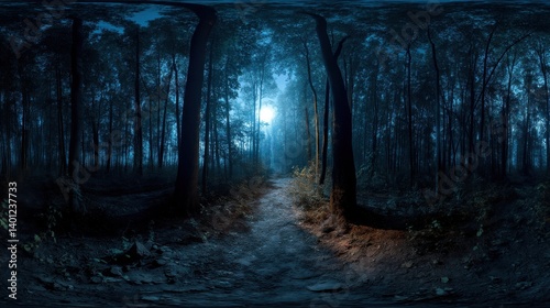 360 degree, dark forest path illuminated by the moon, with ghostly apparitions floating. HDRI spherical panorama.