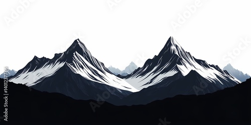 Tranquil Snow-Capped Mountain Peaks: High Altitude Adventure and Scenic Wilderness in Monochrome
