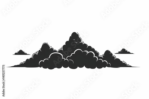 Dramatic Cloud Formations Above Mountain Silhouettes - Black and White Vector Graphic Design