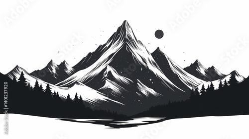 Discover Nature's Beauty: Black and White Mountain Silhouette Illustration Art