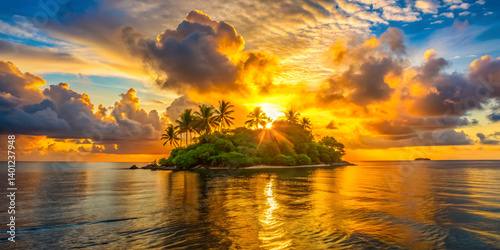 Golden sunset casting a warm glow over a tropical island