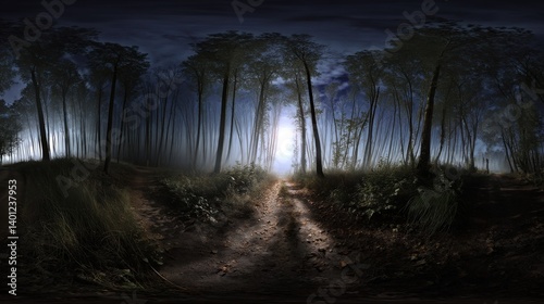 360 degree, dark forest path illuminated by the moon, with ghostly apparitions floating. HDRI spherical panorama.