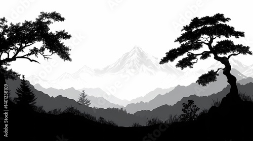 Black and White Mountain Silhouette Landscape - Nordic Scenic View and Nature Photography for Home Decor