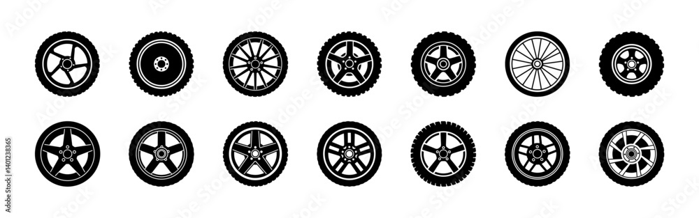 Black rubber wheel tire icons set. Automobile wheels silhouette collection. Vector illustration. Black rubber wheel tire icons set. Automobile wheels silhouette collection. Vector illustration.
