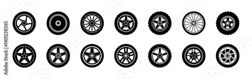 Black rubber wheel tire icons set. Automobile wheels silhouette collection. Vector illustration.