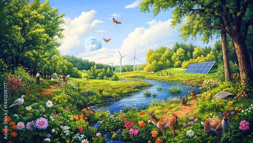 Naklejka premium A serene landscape showcasing sustainable energy and wildlife in harmony.