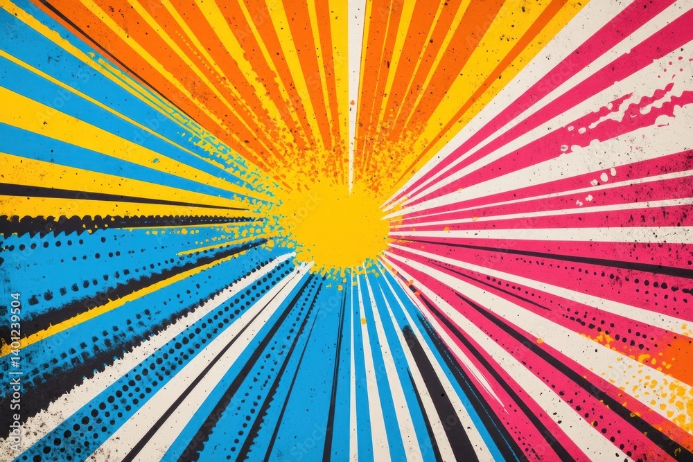 A burst of colorful comic rays, set against a retro halftone pattern, bringing vibrancy to a summer-themed backdrop.