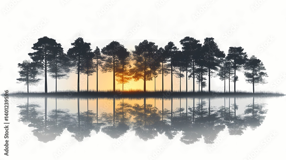 Obraz premium Tranquil Sunset Reflection over Pine Forest Silhouette in Serene Nature Landscape