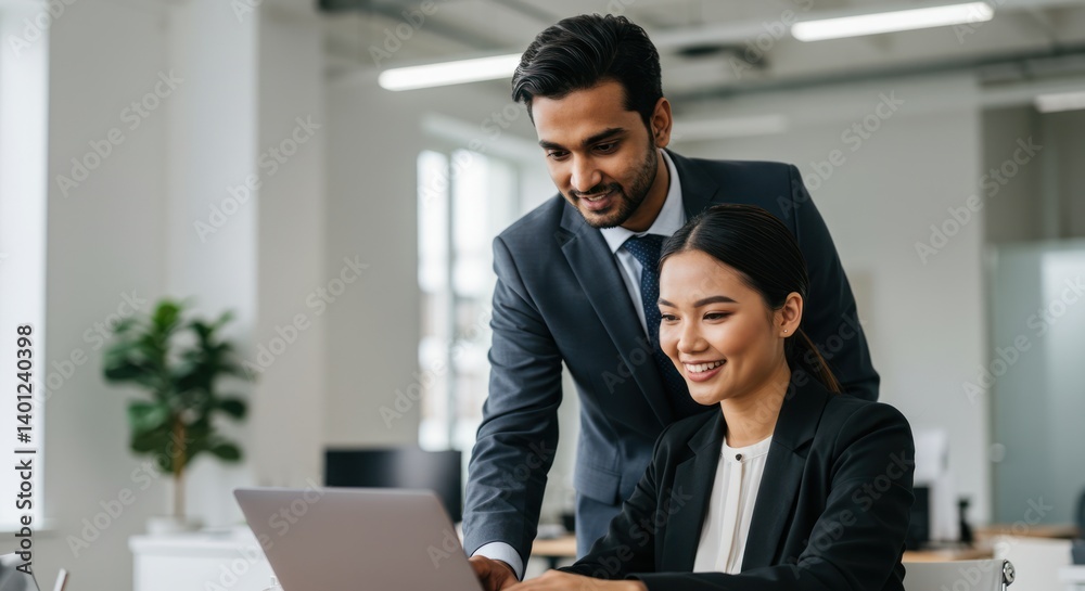 Two business people work together on a laptop in an office setting. Two business people work together on a laptop in an office setting.
