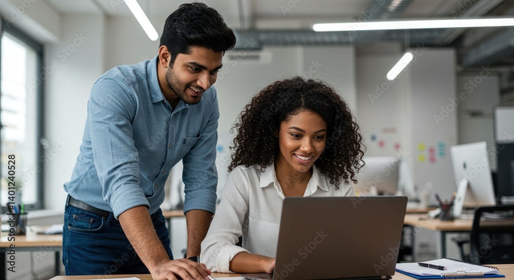 Two colleagues work together on a laptop in a modern office space. Two colleagues work together on a laptop in a modern office space.