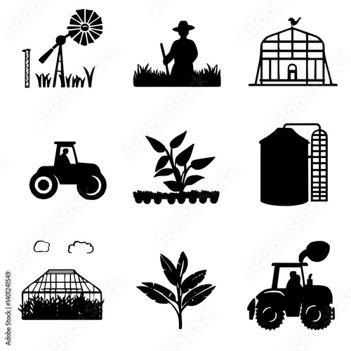 Detailed Modern Farm Glyph Icon Set Featuring Silhouette Illustrations of Key Agricultural Elements in Flat Vector Style