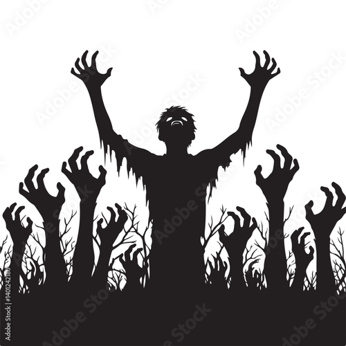 Zombie Silhouette Vector Illustration of Undead Rising From Grave