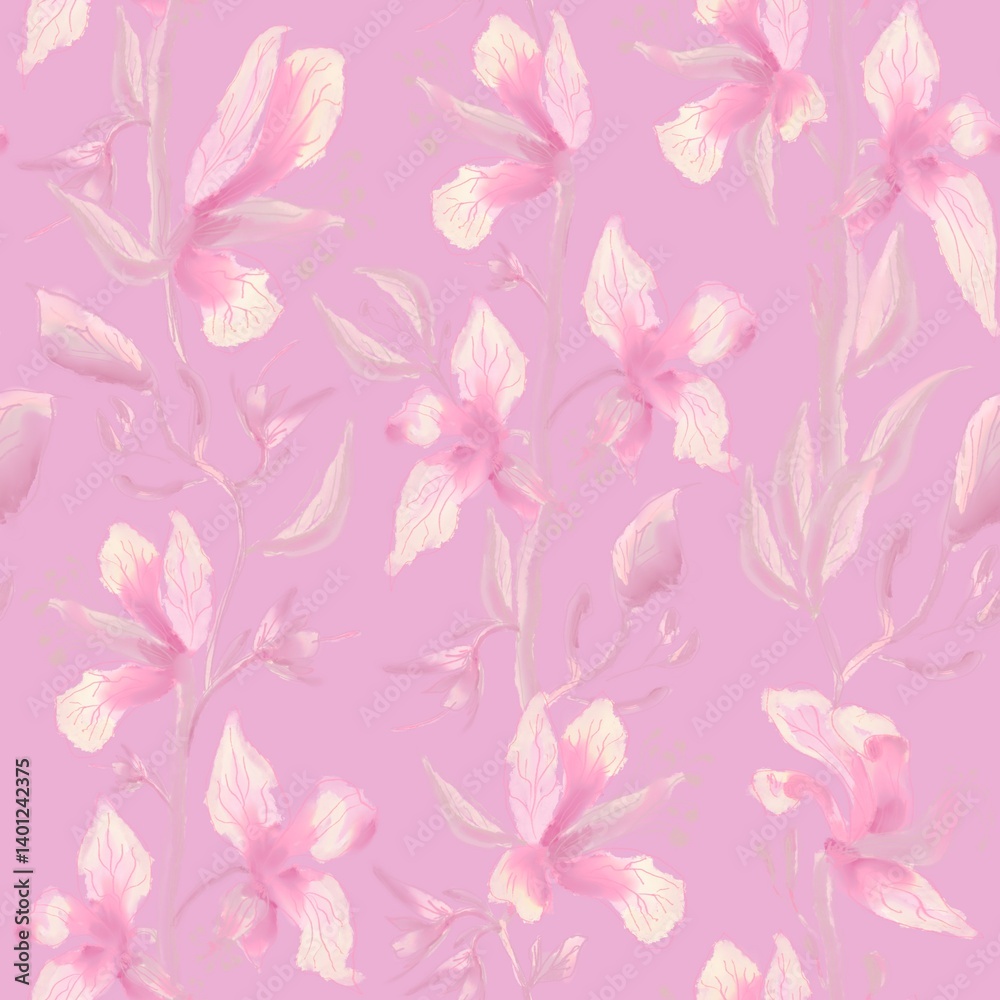 Seamless vertical floral pattern with lilies or orchids. Ideal for textiles, wallpapers and decorative designs. Seamless vertical floral pattern with lilies or orchids. Ideal for textiles, wallpapers and decorative designs.