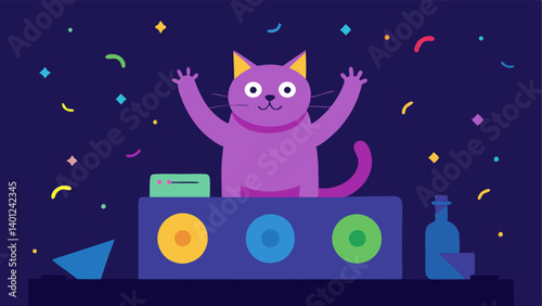Party Highlights A whimsical scene showcasing a cat standing confidently behind a DJ booth with vibrant colors and confetti flying through the air. The cat is focused on the