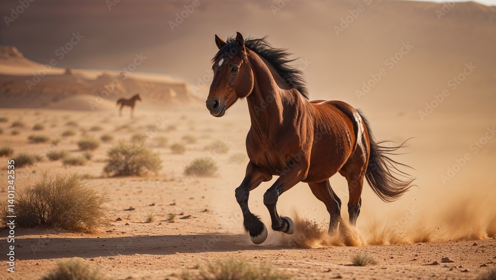 Obraz premium Wild Horse Sprinting Through Dry Desert Terrain at Sunset